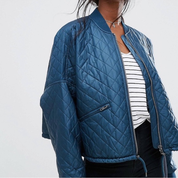Free People blue turquoise Quilted Cropped Dolman Sleeve Bomber Jacket Size L - Picture 3 of 10